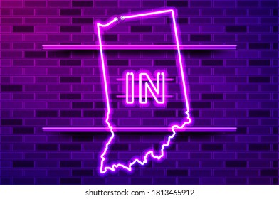 Indiana US state glowing neon lamp sign. Realistic vector illustration. Purple brick wall, violet glow, metal holders.