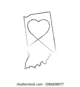 Indiana US state hand drawn pencil sketch outline map with heart shape. Continuous line drawing of patriotic home sign. A love for a small homeland. T-shirt print idea. Vector illustration.