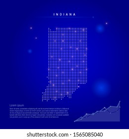 Indiana US state illuminated map with glowing dots. Infographics elements. Dark blue space background. Vector illustration. Growing chart, lorem ipsum text.