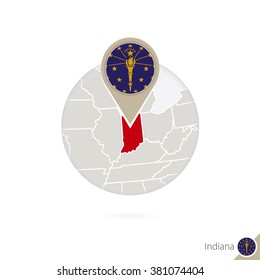 Indiana US State map and flag in circle. Map of Indiana, Indiana flag pin. Map of Indiana in the style of the globe. Vector Illustration.