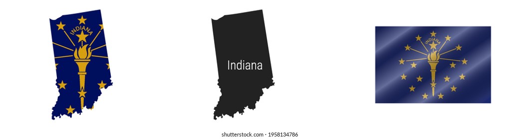 Indiana US state map with masked flag. Detailed silhouette. Waving flag. Vector illustration isolated on white.