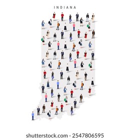 Indiana US state population map. Large group of realistic a diverse crowd of people figures. Flat vector illustration isolated on white.