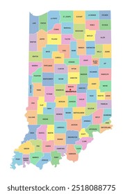 Indiana, U.S. state, subdivided into 92 counties, multi colored political map with capital Indianapolis, borders and county names. State in the Midwestern region of United States. The Hoosier State.