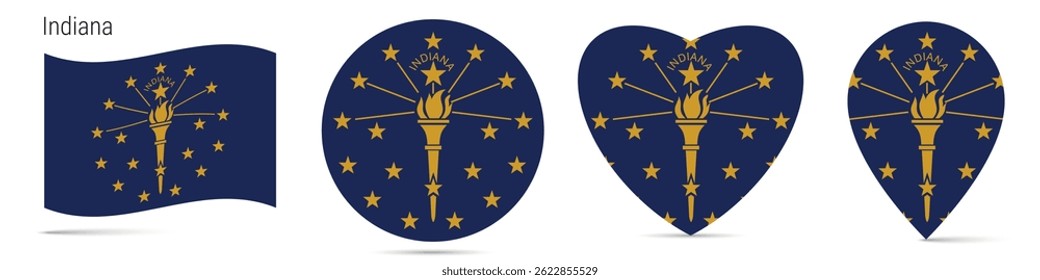 Bandeira do estado de Indiana, distintivo de círculo redondo, ícone em forma de coração, pino do mapa. Sinalizar botões de diferentes formas. Ilustração vetorial isolada em branco.