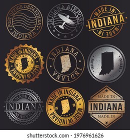 Indiana, USA Business Metal Stamps. Gold Made In Product Seal. National Logo Icon. Symbol Design Insignia Country.