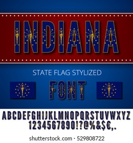 Indiana USA state flag font. Alphabet, numbers and symbols stylized by state flag. Vector typeset