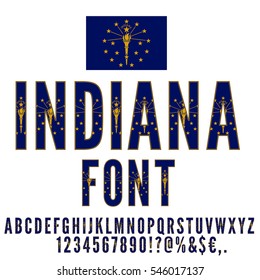 Indiana USA state flag font. Alphabet, numbers and symbols stylized by state flag. Vector typeset