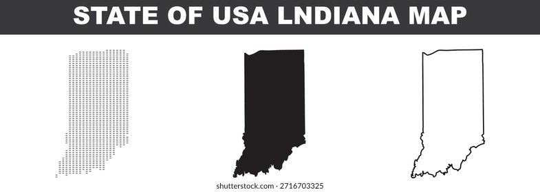 Mapa del estado de Indiana, EE. UU. en diferentes estilos salpicados y contorno sólido sobre fondo blanco