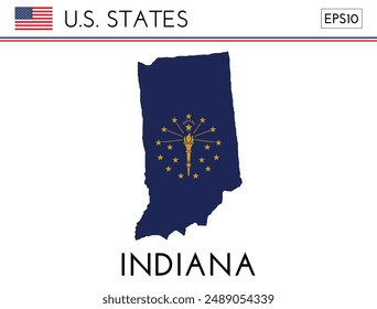 Indiana USA state map shape with flag. Map of Indiana in the Indiana flag colors. Outline map filled with its flag colors. Vector illustration.