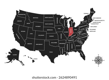 Indiana , USA, vector map isolated on United states map. Editable blank vector map of USA.