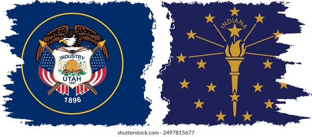 Indiana and Utah states grunge brush flags connection, vector