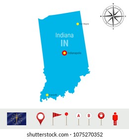 Indiana Vector Map Isolated on White Background. High Detailed Silhouette of Indiana State. Vector Flag of Indiana. 3D Map Markers or Pointers, Navigation Elements. Rose of Wind or Compass Icon