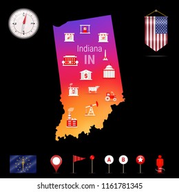 Indiana Vector Map, Night View. Compass Icon, Map Navigation Elements. Pennant Flag of the United States. Vector Flag of Indiana. Various Industries, Economic Geography Icons.