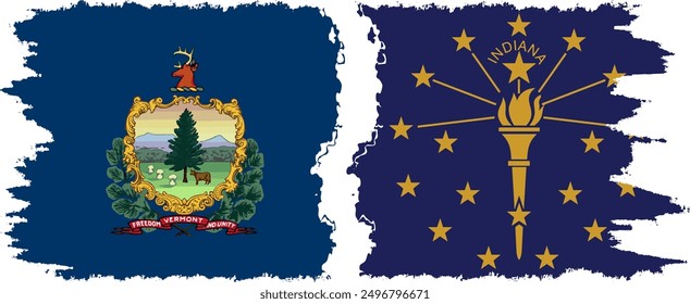 Indiana and Vermont states grunge brush flags connection, vector