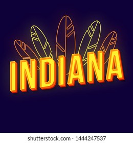 Indiana vintage 3d vector lettering. Retro bold font, typeface. Pop art stylized text. Old school style neon light letters. 90s, 80s poster, banner. Dark violet color background with feathers