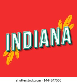 Indiana vintage 3d vector lettering. Retro bold font, typeface. Pop art stylized text. Old school style letters. 90s, 80s poster, banner typography design. Scarlet color background with feathers