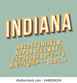 Indiana vintage 3d vector lettering. Retro bold font, typeface. Pop art stylized text. Old school style letters, numbers, symbols, elements pack. 90s, 80s poster, banner. Laurel color background