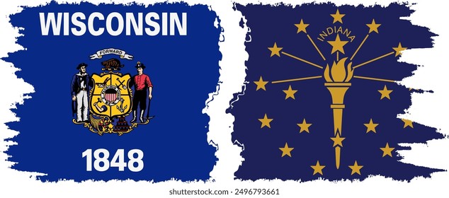 Indiana and Wisconsin states grunge brush flags connection, vector