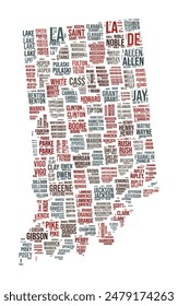 Indiana Word Cloud. State shape with county division. Indiana typography style image. County names tag clouds. Vector illustration.