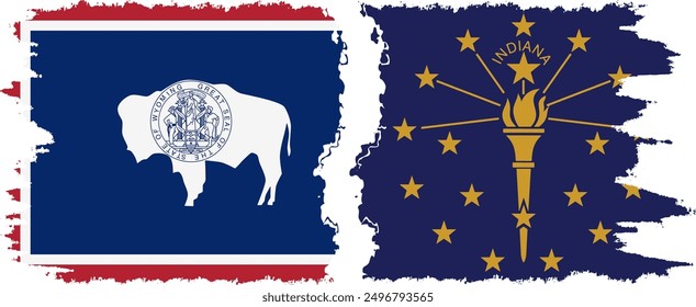 Indiana and Wyoming states grunge brush flags connection, vector