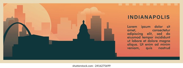 Indianapolis city brutalism vector banner with skyline, cityscape. USA Indiana state retro horizontal illustration. United States of America travel layout for web presentation, header, footer
