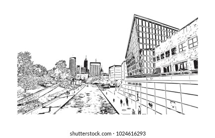 Indianapolis City in Indiana, USA. Hand drawn sketch illustration in vector.