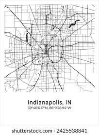 Indianapolis city map. Travel poster vector illustration with coordinates. Indianapolis, Indianapolis, The United States of America Map in light mode.