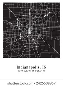 Indianapolis city map. Travel poster vector illustration with coordinates. Indianapolis, Indianapolis, The United States of America Map in dark mode.