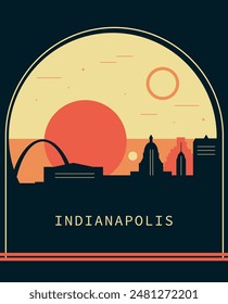 Indianapolis city retro style poster with skyline, cityscape. USA Indiana state vintage vector illustration. US front cover, brochure, flyer, leaflet template, layout image