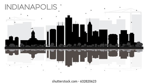 Indianapolis City skyline black and white silhouette with reflections. Vector illustration. Simple flat concept for tourism presentation, banner, placard or web site. Cityscape with landmarks.