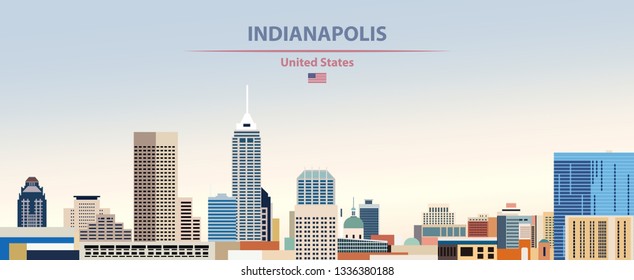 Indianapolis city skyline on colorful gradient beautiful day sky background with flag of United States. Vector illustration