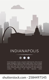 Indianapolis city template for website, presentation, front page, invitation, publication sheet with skyline, landmarks. Vector Indiana, USA image layout, simple and grayscale