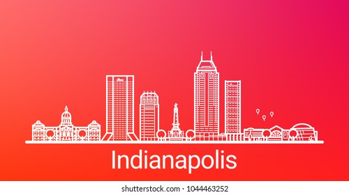 Indianapolis city white line on colorful background. All Indianapolis buildings - customizable objects with opacity mask, so you can simple change background. Line art.