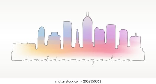 Indianapolis, IN, USA Skyline Watercolor City Illustration. Famous Buildings Silhouette Hand Drawn Doodle Art. Vector Landmark Sketch Drawing.