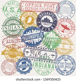 Indianapolis Indiana Set of Stamps. Travel Stamp. Made In Product. Design Seals Old Style Insignia.