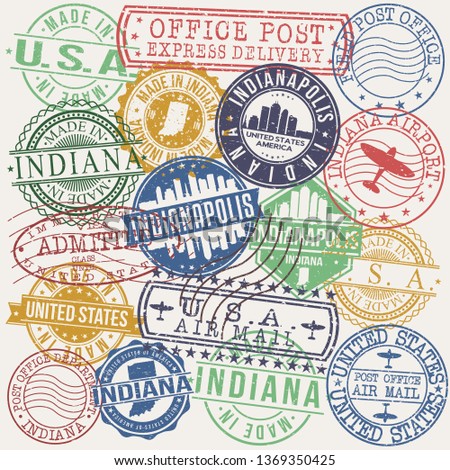 Indianapolis Indiana Set of Stamps. Travel Stamp. Made In Product. Design Seals Old Style Insignia.