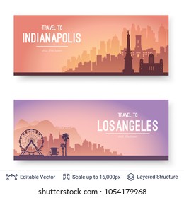 Indianapolis and Los Angeles famous city scapes. Flat well known silhouettes. Vector illustration easy to edit for flyers or web banners.