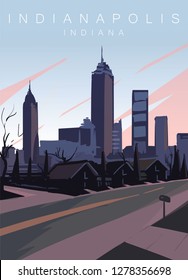 Indianapolis modern vector poster. Indianapolis, Indiana landscape illustration.Top 20 most populated cities of the USA.