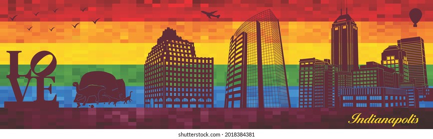 Indianapolis auf LGBT-Flaggenhintergrund - Illustration, 
Stadt auf Regenbogen-Hintergrund, 
Skyline-Silhouette der Vektorstadt