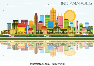 Indianapolis Skyline with Color Buildings, Blue Sky and Reflections. Vector Illustration. Business Travel and Tourism Concept with Modern Buildings. Image for Presentation Banner Placard and Web Site.