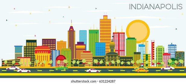 Indianapolis Skyline with Color Buildings and Blue Sky. Vector Illustration. Business Travel and Tourism Concept with Modern Buildings. Image for Presentation Banner Placard and Web Site.