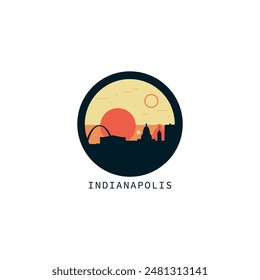 Indianapolis skyline, downtown panorama logo, logotype. USA, Indiana state round badge contour, isolated vector vintage pictogram with monuments, landmarks