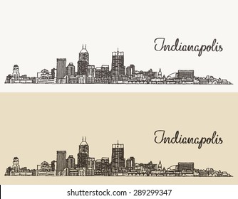 Indianapolis skyline, engraved style, vector illustration, hand drawn