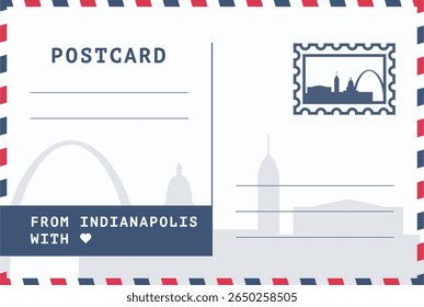 De Indianápolis, modelo de cartão postal dos EUA. Ilustração de cartão-postal vetorial com carimbo, ponto de referência, mensagem. Layout de imagem simples de saudações simples