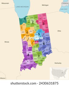 Indiana's congressional districts (2013-2023) vector map with neighbouring states and terrotories