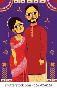 Indian-Bangladeshi wedding couple standing in front of a decorative background wearing saree and panjabi-ethnic wedding attire