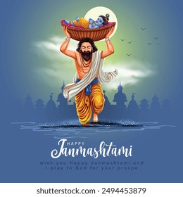 indiandahi handi festival von happy shree krishna janmashtami. vasudev trägt auf seinem kopf baby krishna in einem korb. abstrakte Vektorillustration design.