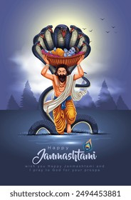 indiandahi handi festival of happy shree krishna janmashtami. father Vasudev carrying on his head baby Krishna in a basket. abstract vector illustration design	