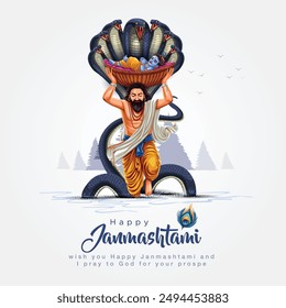 festival indiandahi handi de feliz shree krishna janmashtami. padre Vasudev cargando en su cabeza al bebé Krishna en una cesta. diseño abstracto de la Ilustración vectorial. fondo blanco	