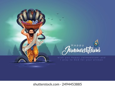 Indiandahi Handi Festival of Happy Shree Krishna Janmashtami. Vater Vasudev trägt auf seinem Kopf Baby Krishna in einem Korb. Abstraktes Vektorillustration-Design	